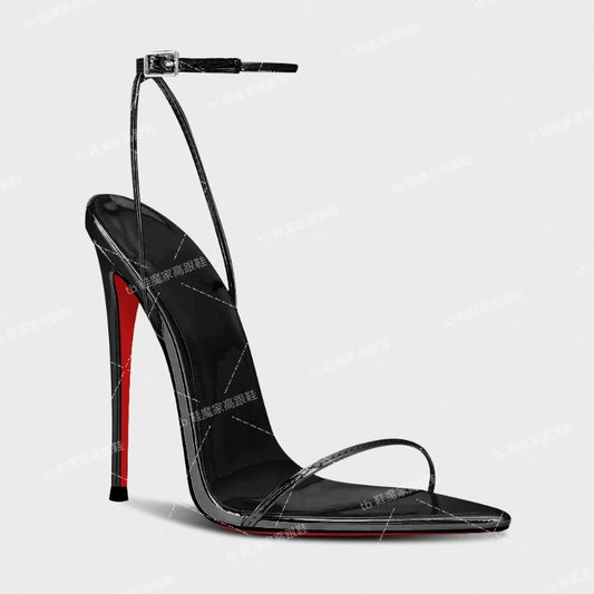 2025 New 12cm Thin Heel Pointed Shallow Lipstick Bottom High Heels Sexy One Word Buckle Style Fashion Sandals Large Single Shoes