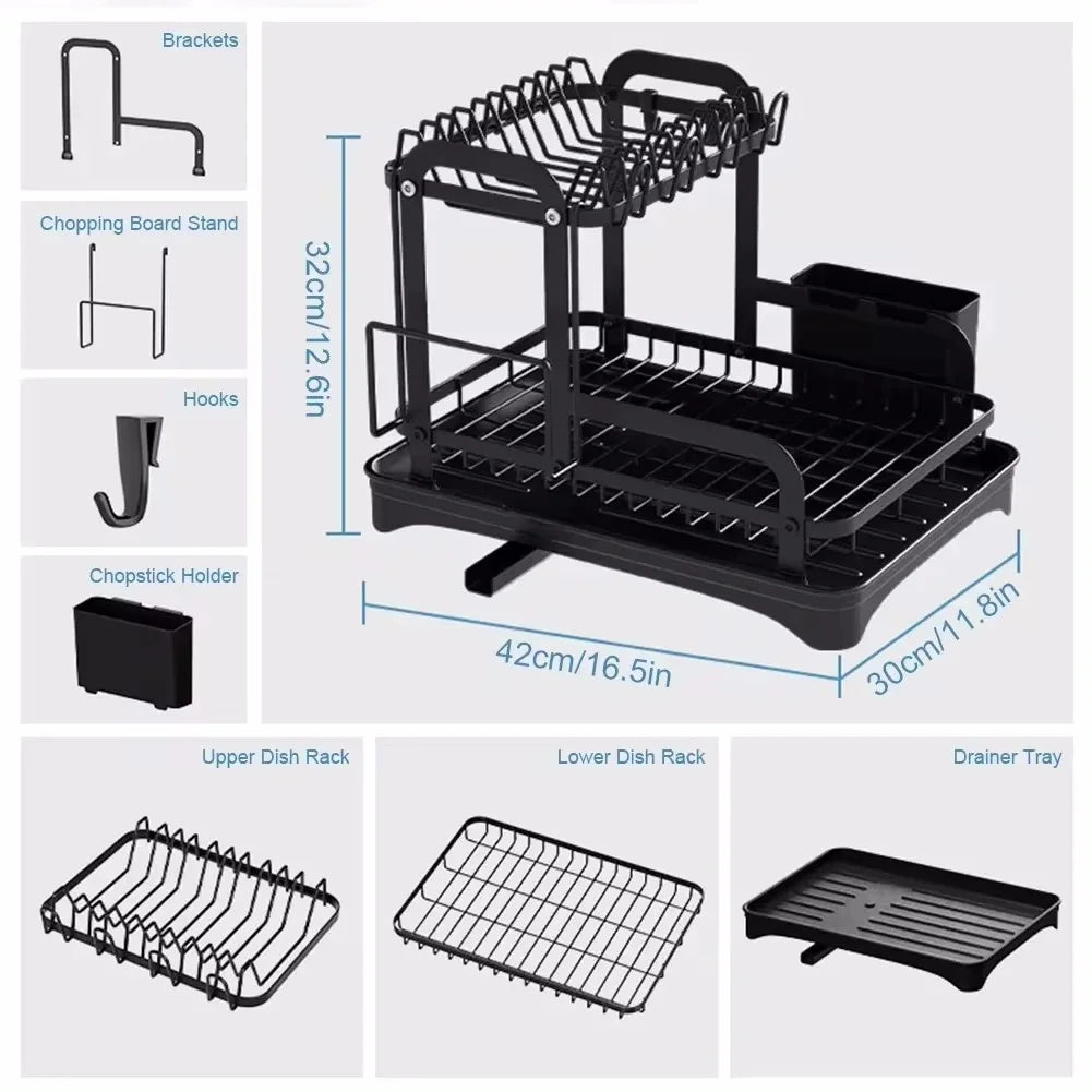 Escurridor de Platos de 2 Niveles con Cesta de Drenaje, Organizador de Vajilla para Encimera