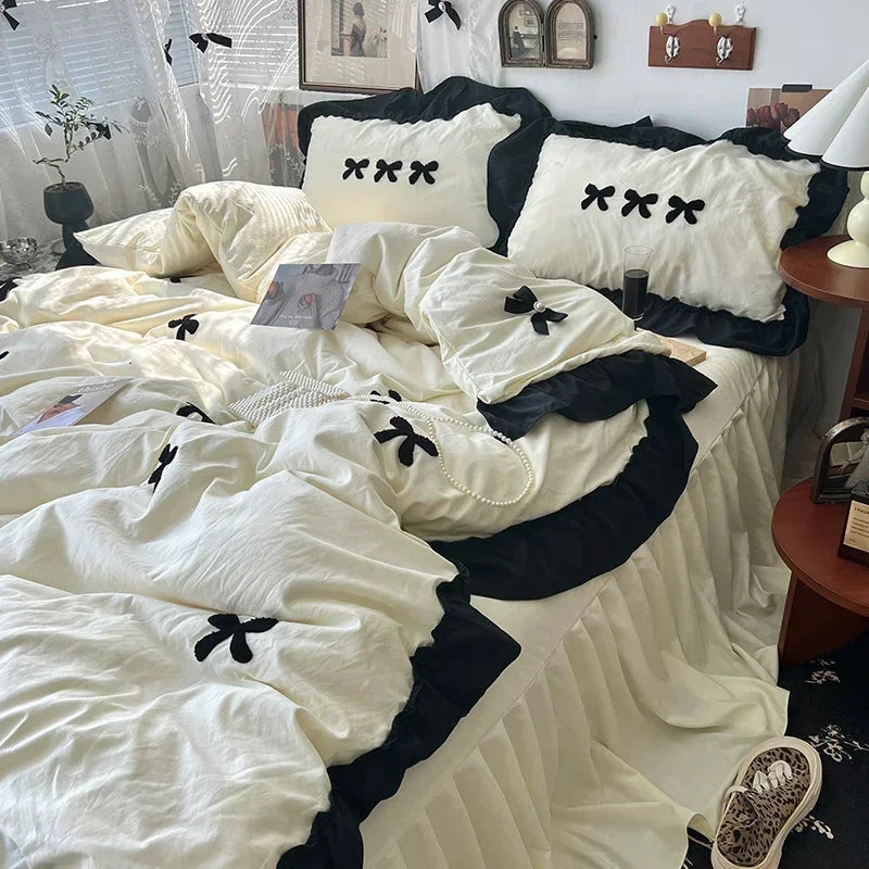 Juego de cama de algodón con lazo negro, funda nórdica suave y agradable para la piel estilo princesa para niña, sábana o funda de almohada para falda de cama