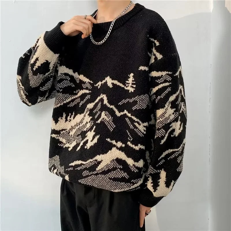 Suéteres de Jacquard con gráfico de montaña para hombre, jerséis de punto informales de manga larga Y2K, prendas de punto Vintage con cuello redondo, otoño