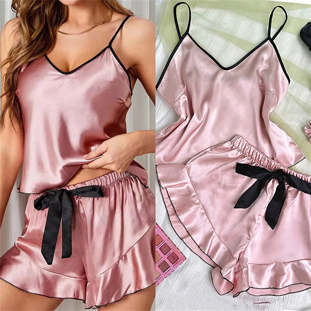 Pijamas de satén liso para mujer, camiseta con cuello en V, bordes con volantes y pantalones cortos con lazo, conjunto de pijama sencillo y transpirable, ropa para el hogar con tirantes