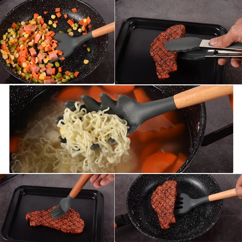 Juego de utensilios de cocina de silicona resistentes a altas temperaturas, pala con mango de madera, cuchara con fugas, herramienta, utensilio de cocina, accesorios para hornear