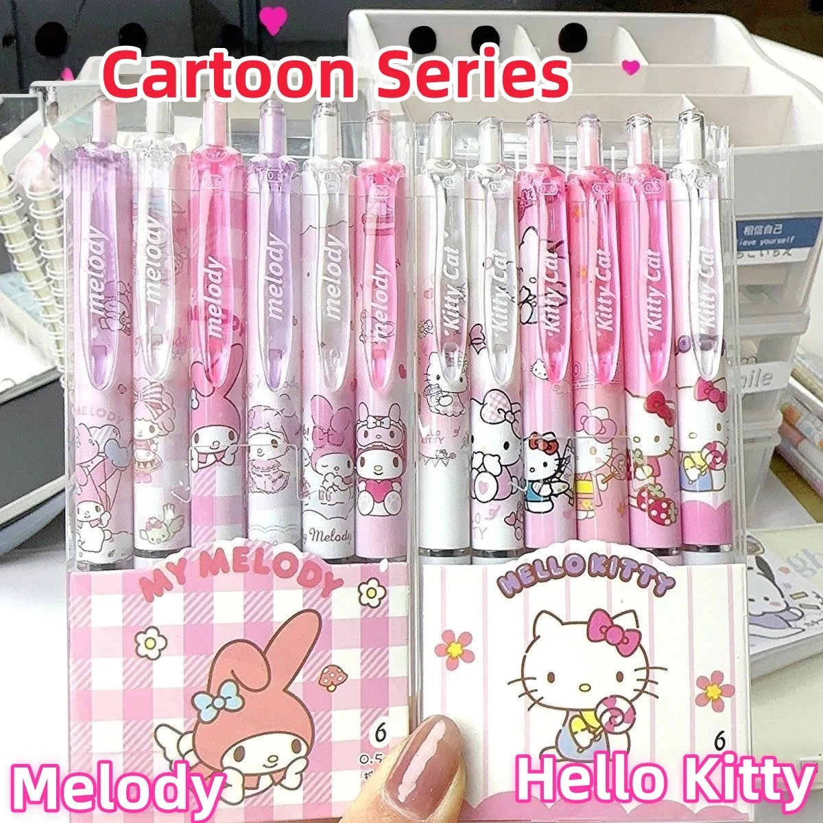 Juego de 6 bolígrafos de gel de alta calidad de Hello Kitty Melody, edición limitada, serie de dibujos animados, negro, 0,5 mm, papelería diaria para estudiantes/oficina