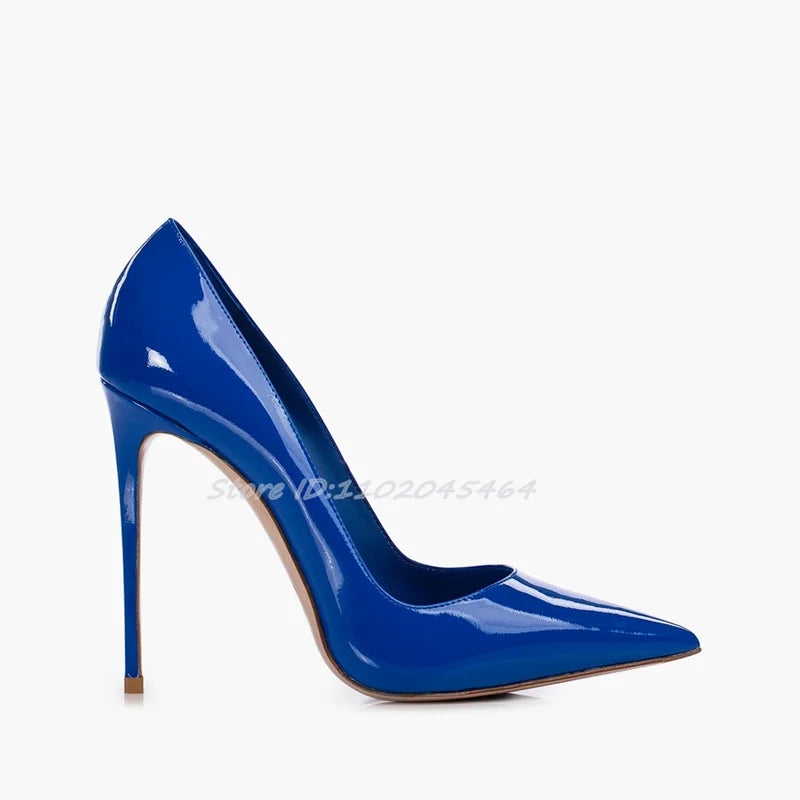 Zapatos de tacón alto sexis con punta estrecha de charol para mujer, tacones de aguja de talla grande, zapatos de tacón coloridos poco profundos y elegantes, zapatos de fiesta de diseñador de lujo