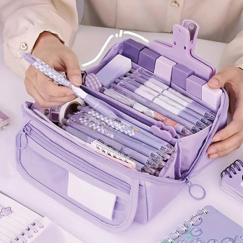 Estuche organizador para lápices de gran capacidad: almacenamiento de escritorio con múltiples compartimentos para material escolar y de oficina (rosa/púrpura/negro)