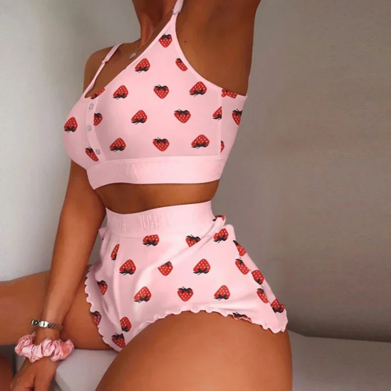 Ropa de dormir para mujer, conjunto de pijamas suspendidos para el hogar con estampado de mariposas y labios, chaleco, sujetador, Top, ropa de dormir corta, lencería, camisón para mujer