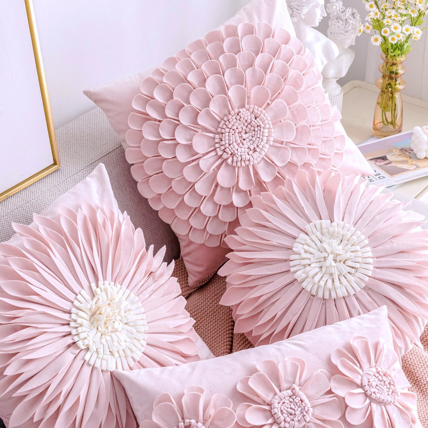 Funda de almohada de felpa con diseño de margarita pequeña y girasol, estilo corazón rosa, 30x50/45x45CM, funda de cojín de terciopelo floral 3D para decoración del hogar de niñas