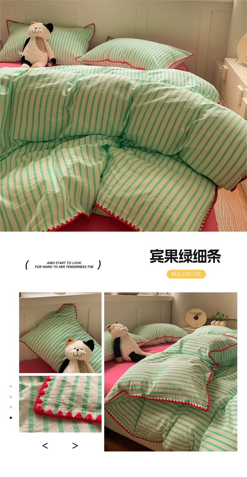 Juego de cama 100% de algodón a rayas, funda nórdica con funda de almohada, funda de edredón, tamaño King