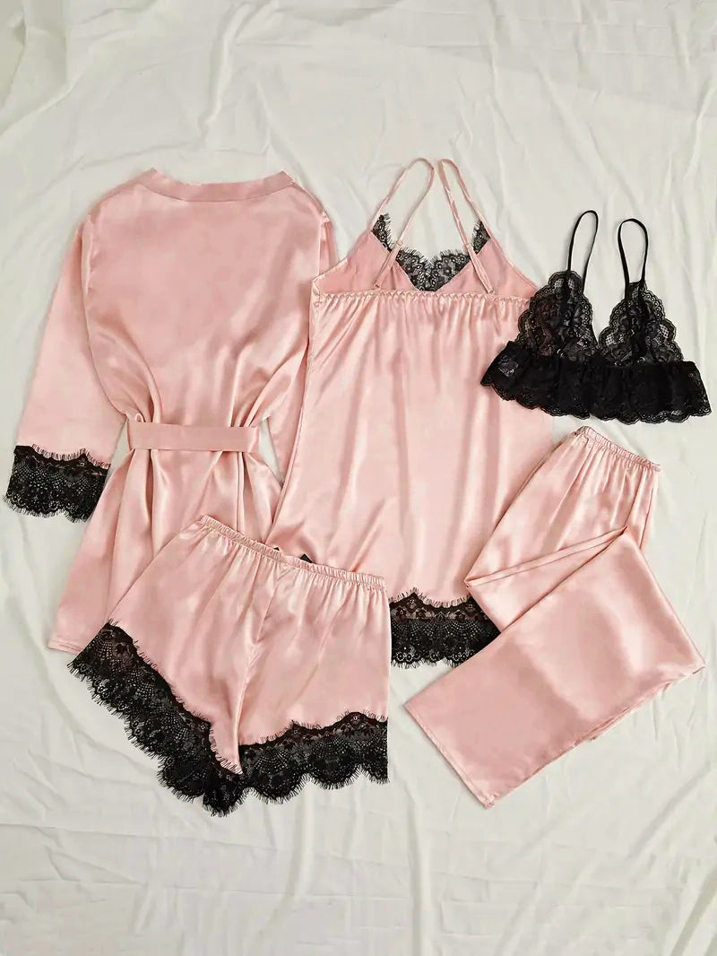 Conjunto de pijama de satén para mujer, lencería Sexy rosa, bata de baño de encaje de retazos, vestido de noche de seda, pantalones, ropa de dormir para el hogar