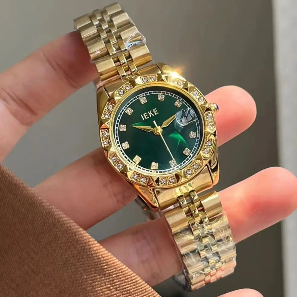 Reloj con banda de acero de aleación sólida con acento de cristal para mujer, elegante vestido, relojes con calendario de cuarzo para mujer