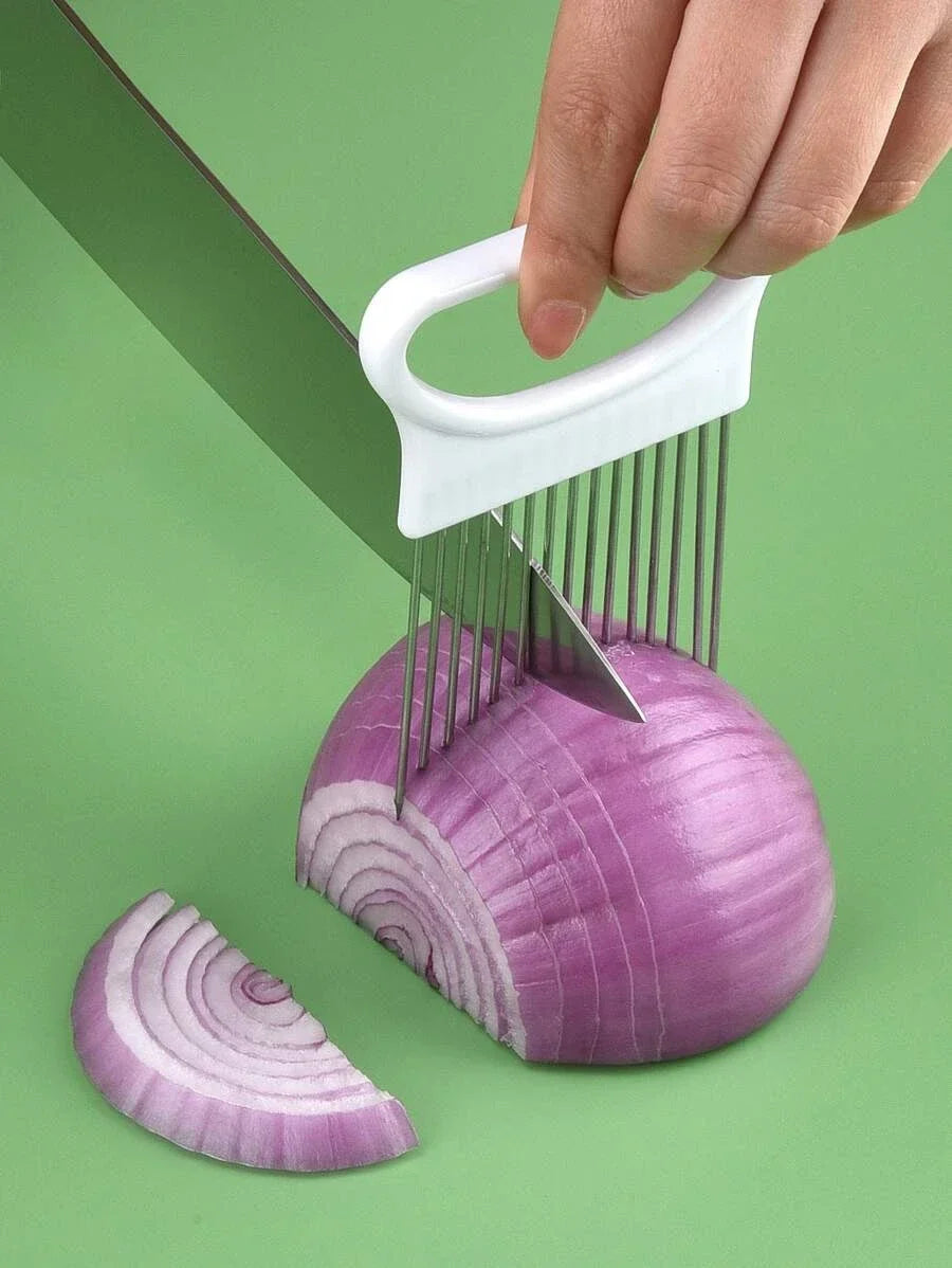 Rebanadas de cebollas sin esfuerzo con esta rebanadora de cebolla colorida, soporte para patatas fritas de acero inoxidable para cocina, 1 ud.