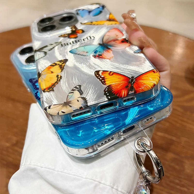 Funda de teléfono de arena con plumas graduales plateadas y mariposas de lujo para iPhone 16 15 14 13 12 11 Pro Max X XR 7 8 Plus, funda con cordón