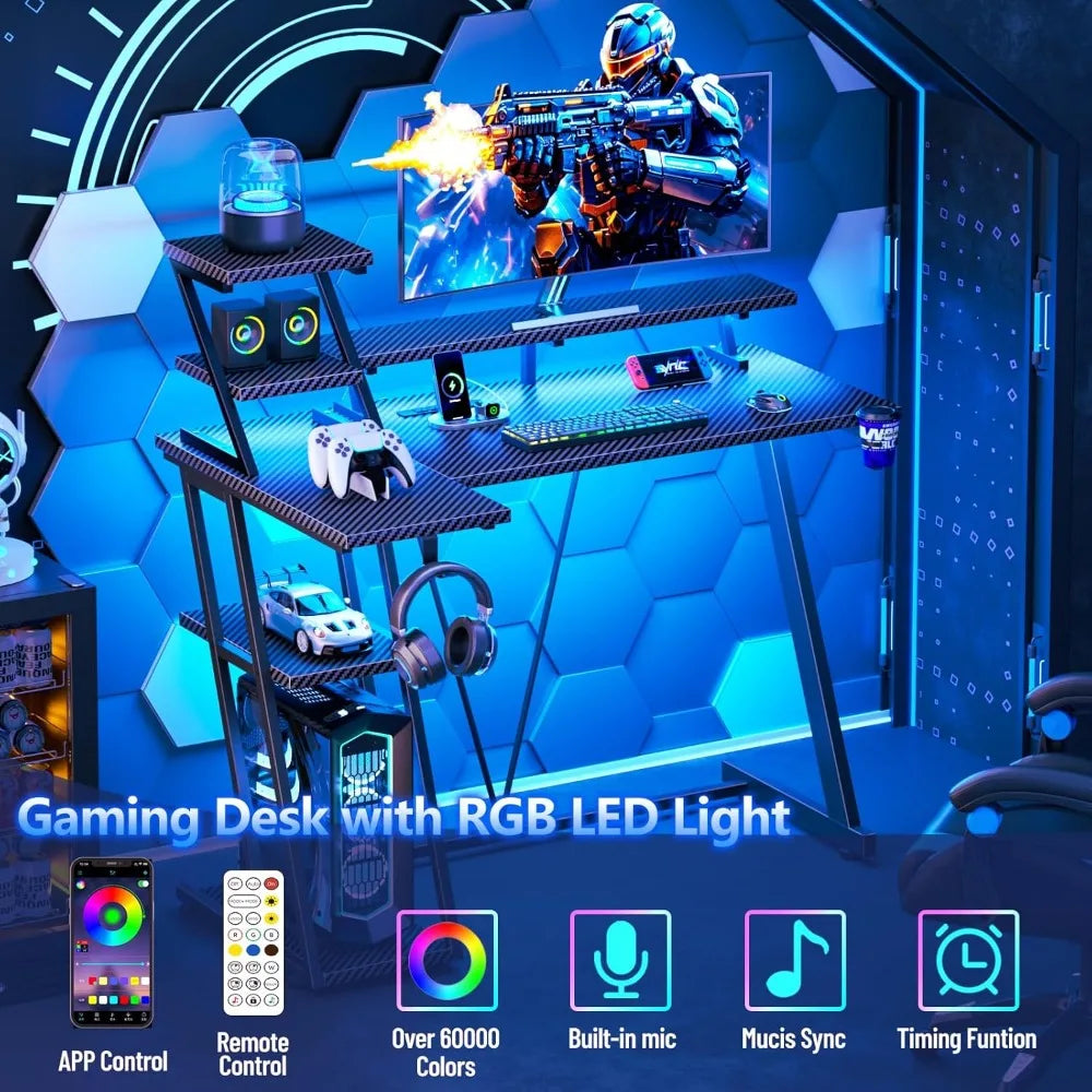 Escritorio para juegos premium de 39 pulgadas con luces LED y toma de corriente, escritorio pequeño para computadora para juegos con estantes de almacenamiento, trabajo para jugadores en forma de L