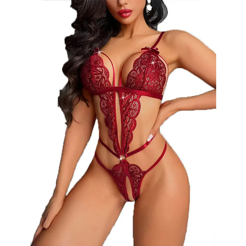 Ropa de pijama Sexy para mujer, conjuntos de lencería con escote en V profundo abierto, monos transparentes de encaje, vestidos Babydoll ahuecados sin entrepierna, medias