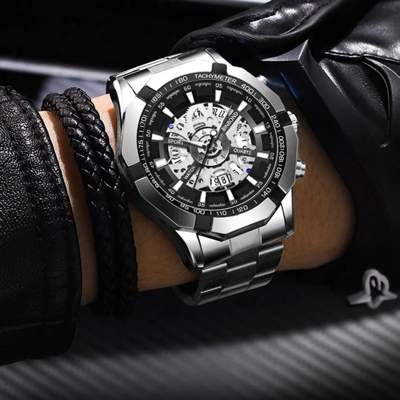Relojes BINBONG de negocios para Hombre, Reloj de cuarzo luminoso con calendario resistente al agua para Hombre, Reloj de acero inoxidable para Hombre