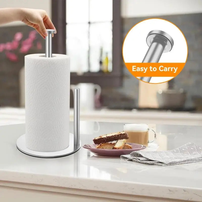 Portarrollos de cocina de acero inoxidable con base pesada - Organizador de encimera resistente, diseño que ahorra espacio para toallas de papel