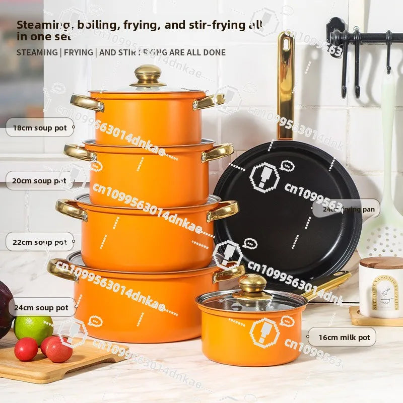 Juego de Ollas de Acero Inoxidable de 12 Piezas, Olla para Sopa, Sartén Antiadherente, Olla para Leche con Asa Dorada