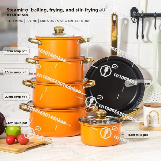 Juego de Ollas de Acero Inoxidable de 12 Piezas, Olla para Sopa, Sartén Antiadherente, Olla para Leche con Asa Dorada