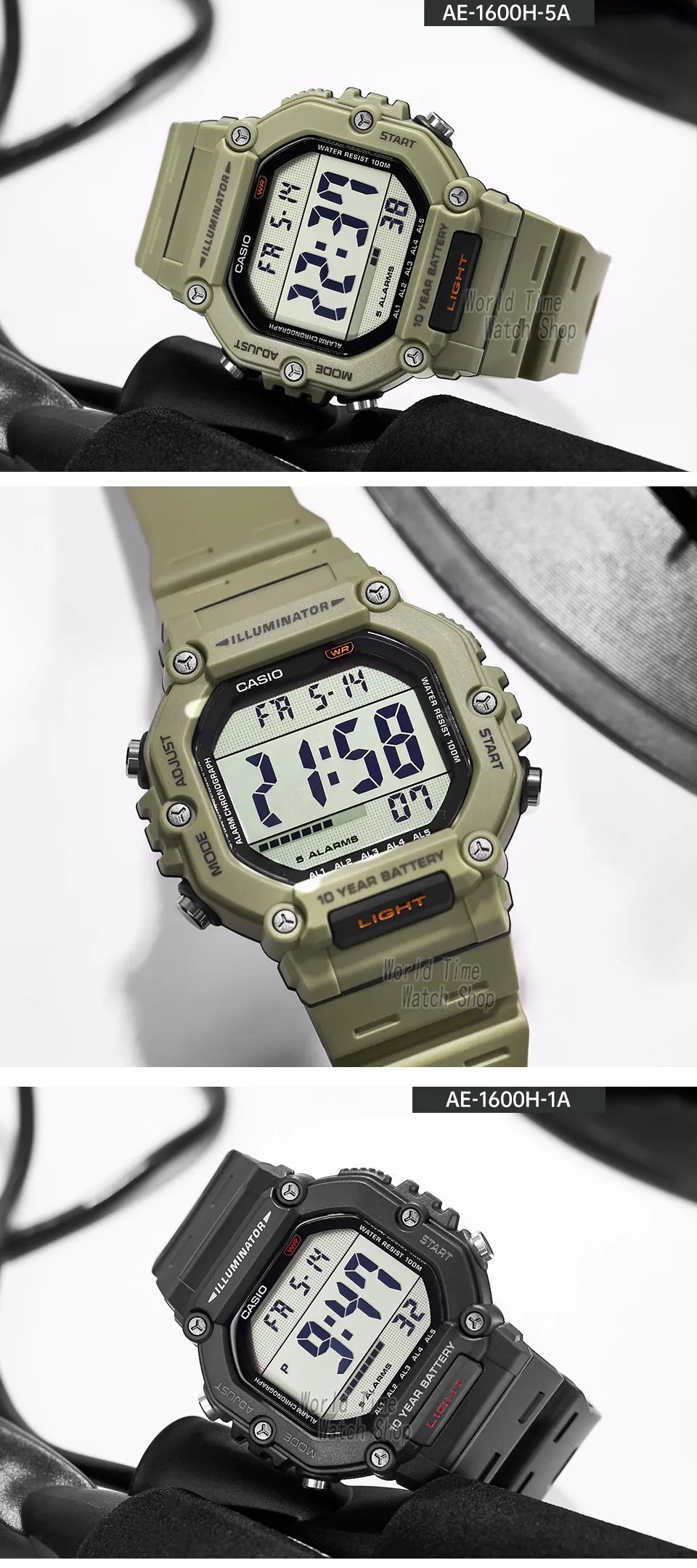 Reloj Casio con batería de 10 años de duración, 100m, resistente al agua, moda deportiva, reloj electrónico multifunción para exteriores, reloj masculino AE-1600