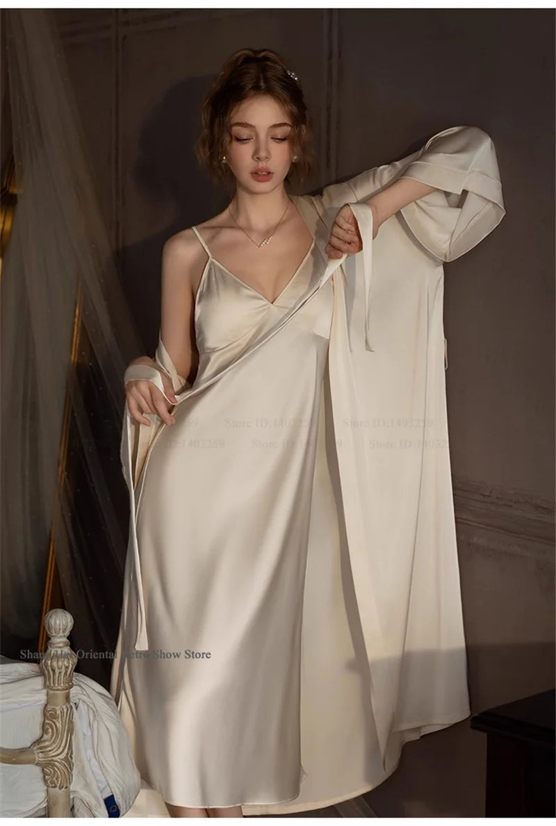 Elegante Conjunto de Bata Larga para Mujer, Lencería Sexy, Ropa de Dormir, Kimono Holgado, Bata de Baño, Vestido de Casa de Satén Sedoso, Ropa de Estar