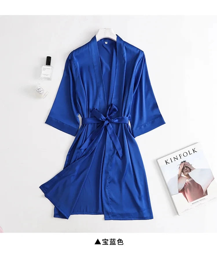 Bata de Novia Blanca para Mujer, Kimono de Satén de Seda, Ropa de Dormir Holgada con Manga 3/4, Lencería