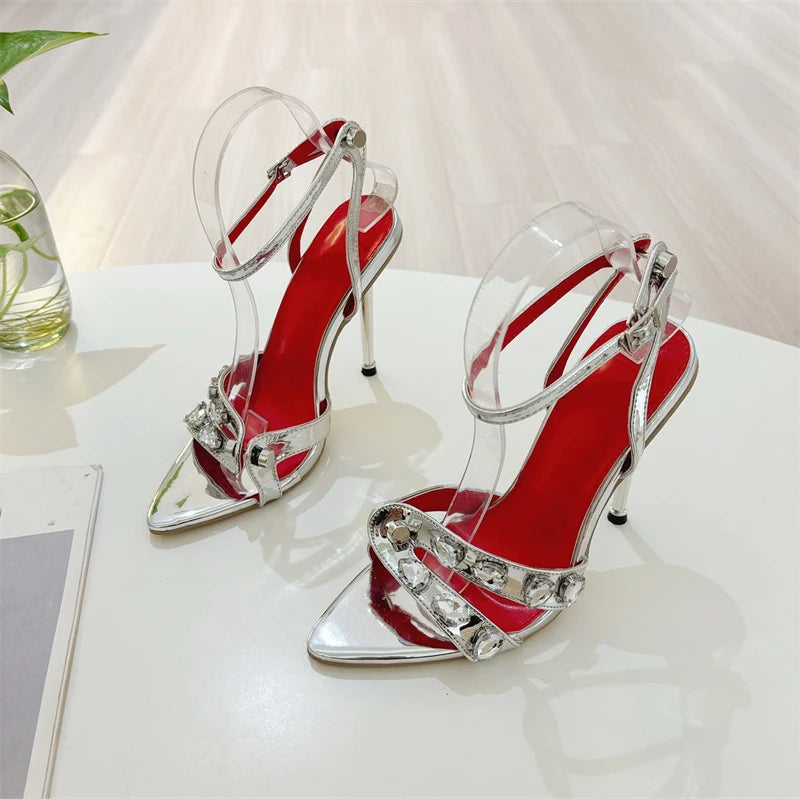 Liyke, moda de verano, sandalias de tacón alto Thih de Metal con remaches de gemas y banda estrecha para mujer, zapatos sexis de punta abierta y puntiaguda para vestido de fiesta, talla 41