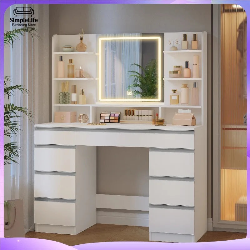 Tocador LED con Espejo Grande, Brillo Ajustable, con un Cajón Grande y Ocho Cajones Pequeños