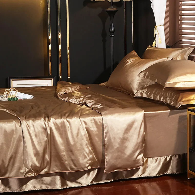 100% juegos de cama de seda pura, funda de edredón de alta gama, funda nórdica, sábanas, fundas de almohada, 4 Uds., juegos de ropa de cama de lujo Natural