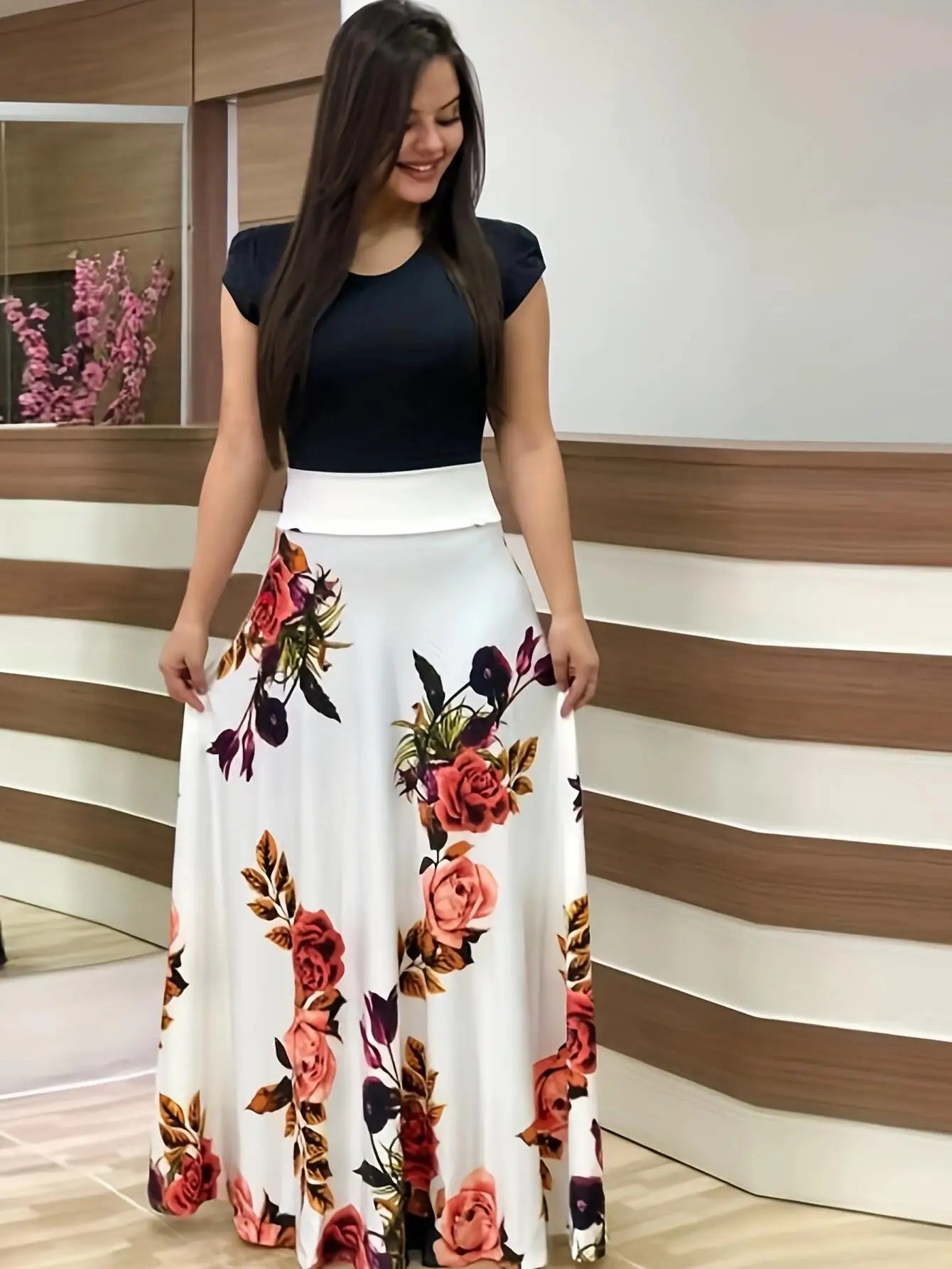 Vestido de manga corta a juego con estampado de flores de estilo europeo y americano para mujer, falda con vuelo grande, 2024