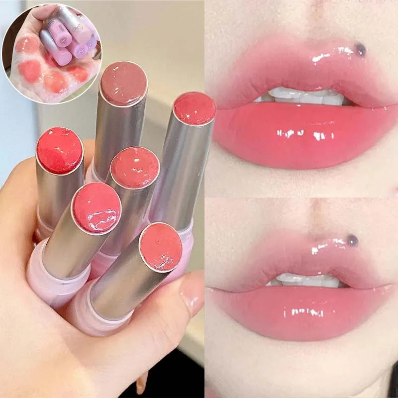Brillo Labial Sólido Efecto Espejo, Tubo Redondo, Hidratante y Duradero, Tinte Natural Nude Melocotón, Maquillaje Labial en Gel