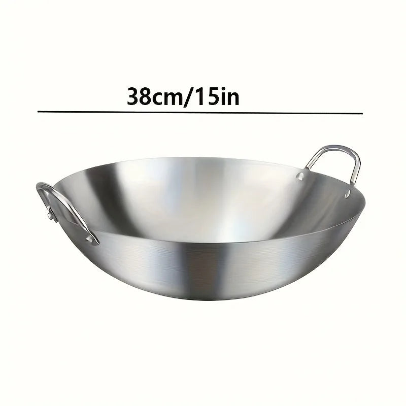 Wok grande de acero inoxidable, sartén de Chef duradera gruesa sin recubrimiento de alta calidad con asas dobles, fácil de limpiar para uso comercial, 1 ud.