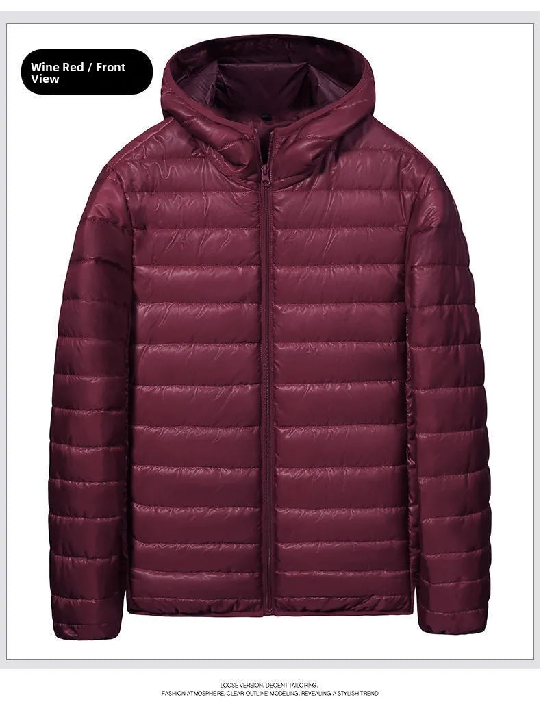 Chaqueta de plumón ligera para hombre, estilo nuevo de otoño-invierno, tipo abrigo acolchado, con cierre de cremallera y capucha, de fibra de poliéster.
