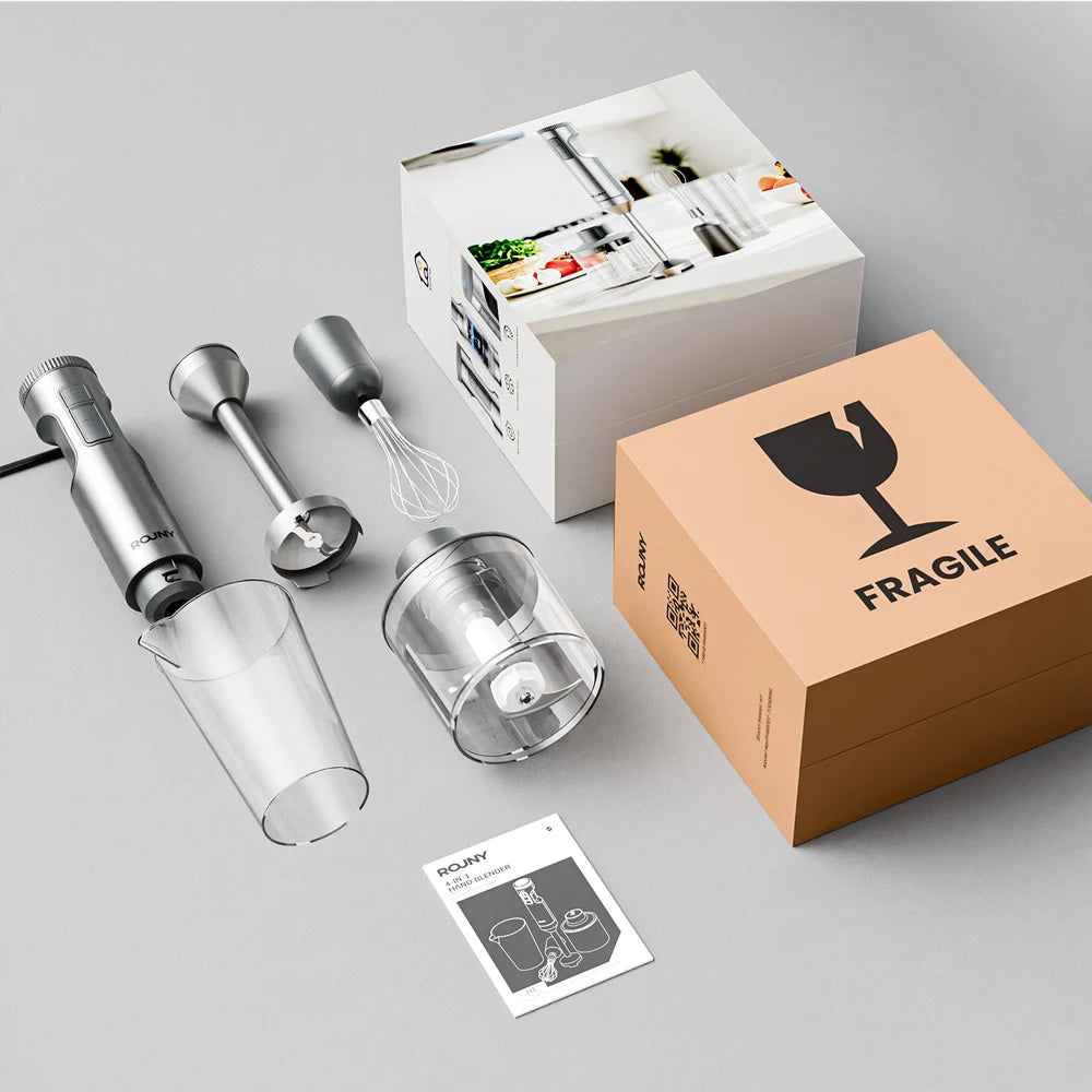 ROUNY Licuadora de inmersión manual 4 en 1 potente de 1000 W, batidora de alimentos con varilla de acero inoxidable, vaso mezclador de 700 ml, procesador de 500 ml, batidor