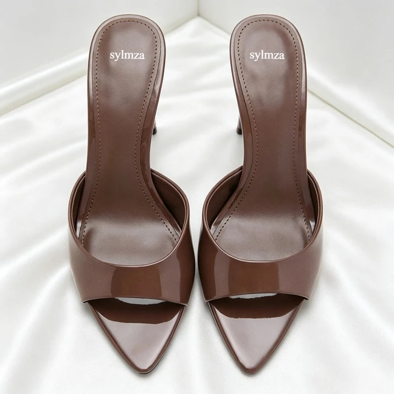 Sandalias sexis de tacón alto de marca para mujer, zapatillas con punta abierta, zapatos de fiesta para banquete de diseñador maduro conciso para mujer