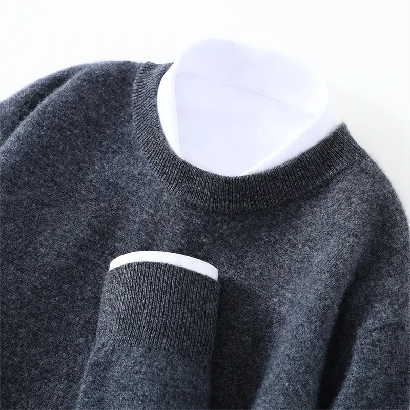 Otoño/Invierno, jersey de cachemira pura de 100% para hombre, suéter de punto liso informal de negocios, Tops sueltos de cuello redondo, jersey grueso y cálido