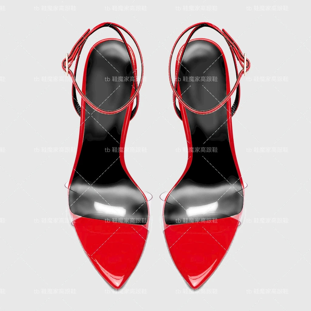 2025 New 12cm Thin Heel Pointed Shallow Lipstick Bottom High Heels Sexy One Word Buckle Style Fashion Sandals Large Single Shoes