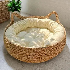 Cesta para gatos tejida de ratán con cojín suave, diseño de Donut redondo, nido para dormir cómodo y cálido para gatos y perros