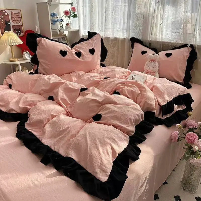 Juego de cama con lazo rosa Ins, funda nórdica con volantes, juego de sábanas planas, juego de ropa de cama de princesa para mujeres y niñas, ropa de cama individual doble Queen