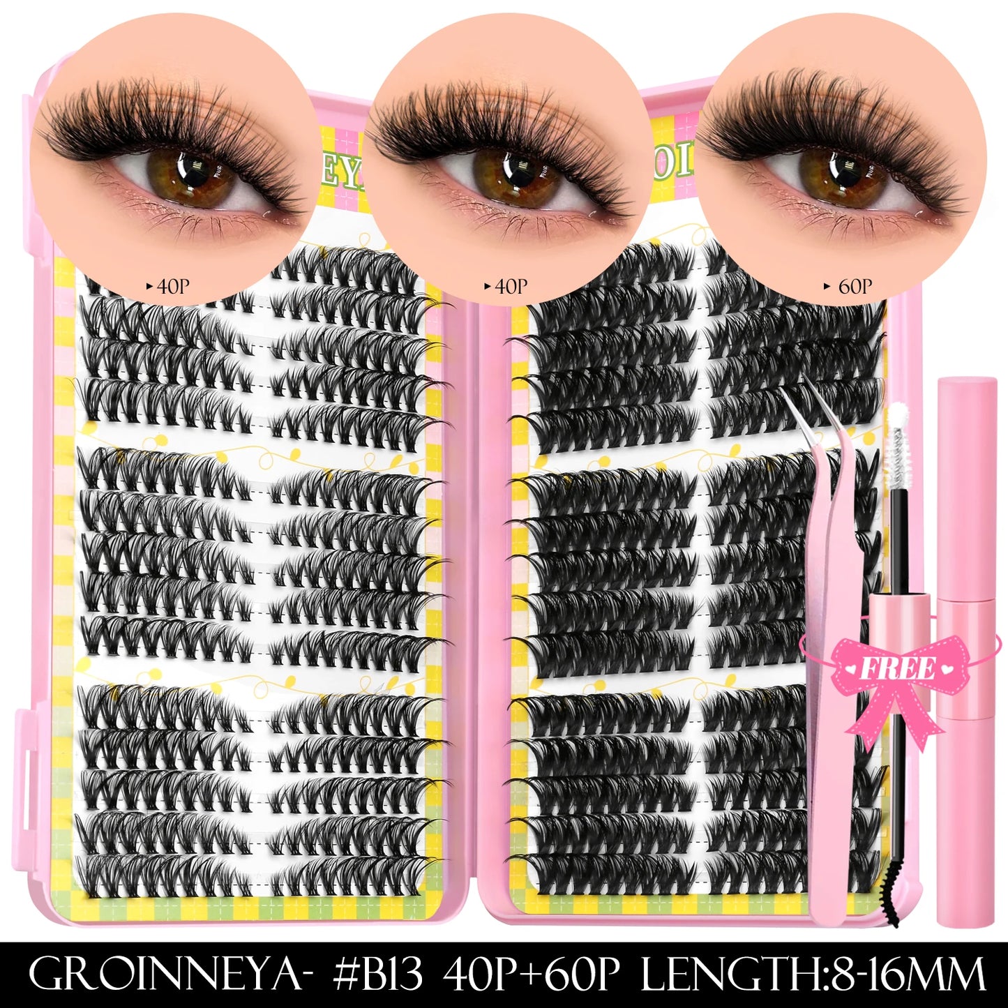 GROINNEYA Clusters de pestañas 540 Uds Kit de extensiones de pestañas de gato Kit de pestañas en racimo con Kit de maquillaje de pestañas Bond & Seal