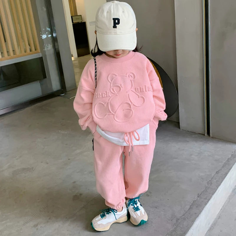 Conjunto de ropa informal para niña de 3 a 8 años, sudadera de manga larga con estampado de oso de dibujos animados, pantalones, 2 piezas, ropa deportiva