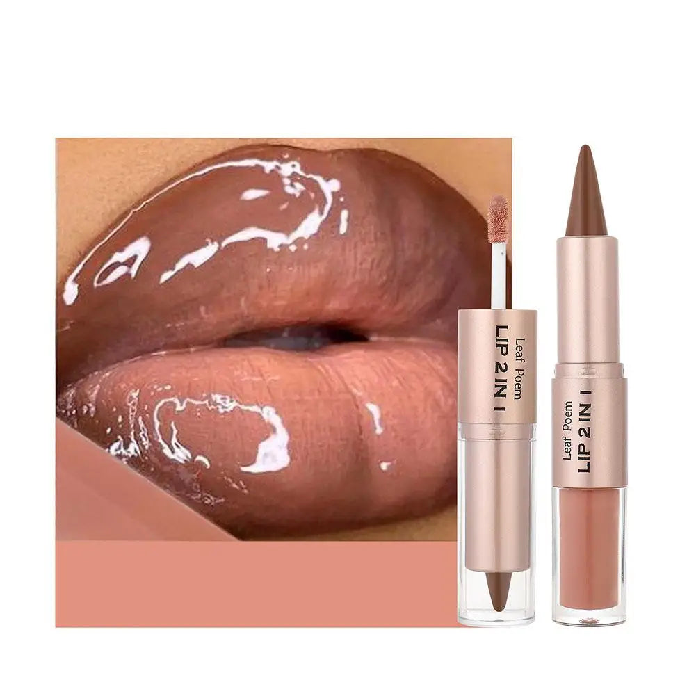 Delineador de Labios 2 en 1 con Diseño de Espejo Mate de Doble Punta, Resistente al Agua, Antiadherente, Color Marrón Nude, Degradado Cónico