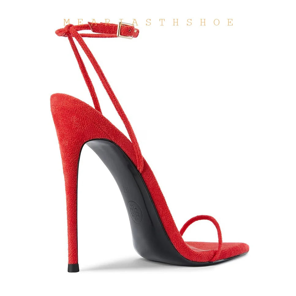 Sandalias de Tacón Alto con Punta Abierta y Correa en el Tobillo, de Cuero, con Hebilla, Diseño Sólido, Tacón Fino, para Mujer, con Lazos y Correa Trasera