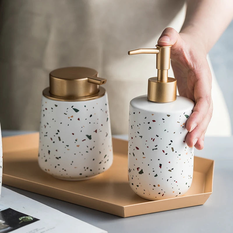 Dispensadores de jabón portátiles de cerámica, botella de líquido para lavar las manos, botella de loción con patrón de terrazo, botella de jabón, dispensadores de jabón para Baño