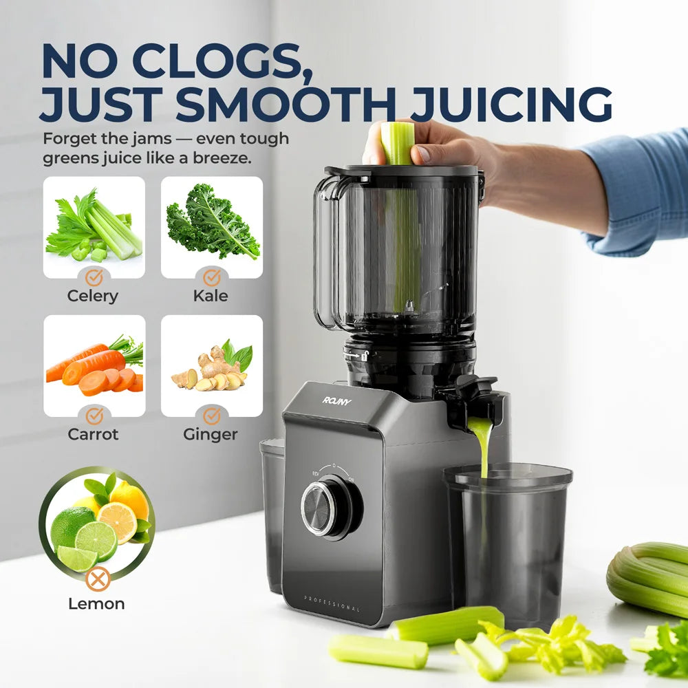 ROUNY Exprimidor lento, extractor de prensa en frío con sin filtro, máquina exprimidora de frutas eléctrica de fácil limpieza con gran calibre, negro