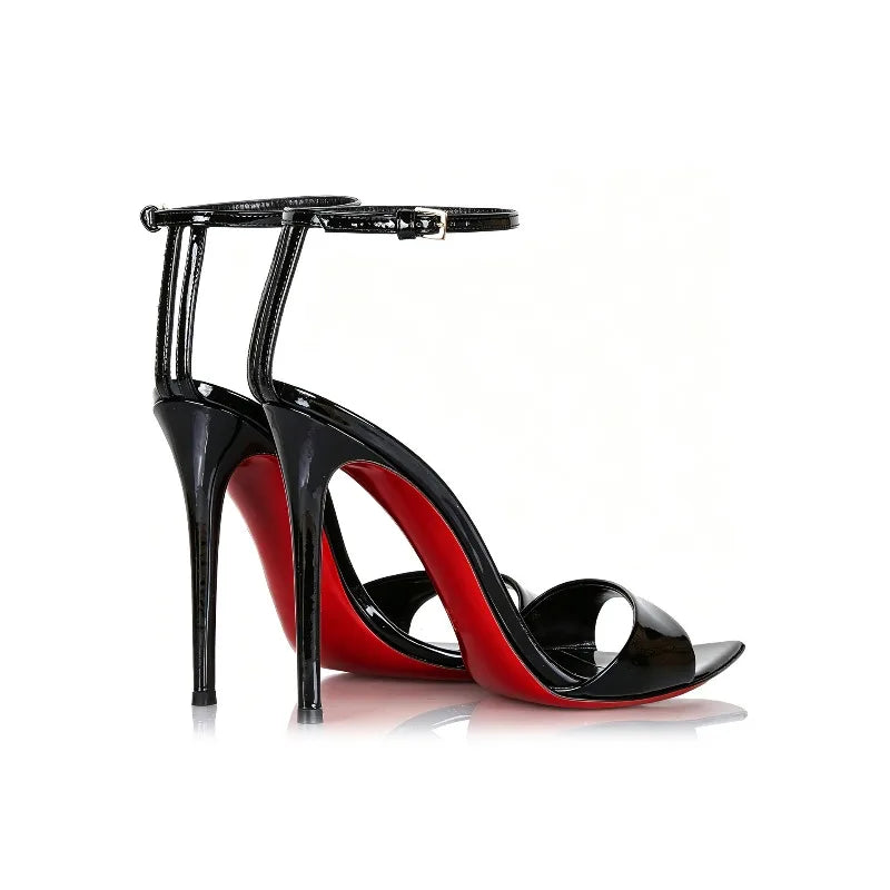 New Summer Black Lacquered Leather High Heels for Women with Thin Heels, Pointed and Sexy One Line Buckle, Large Fashion Sandals