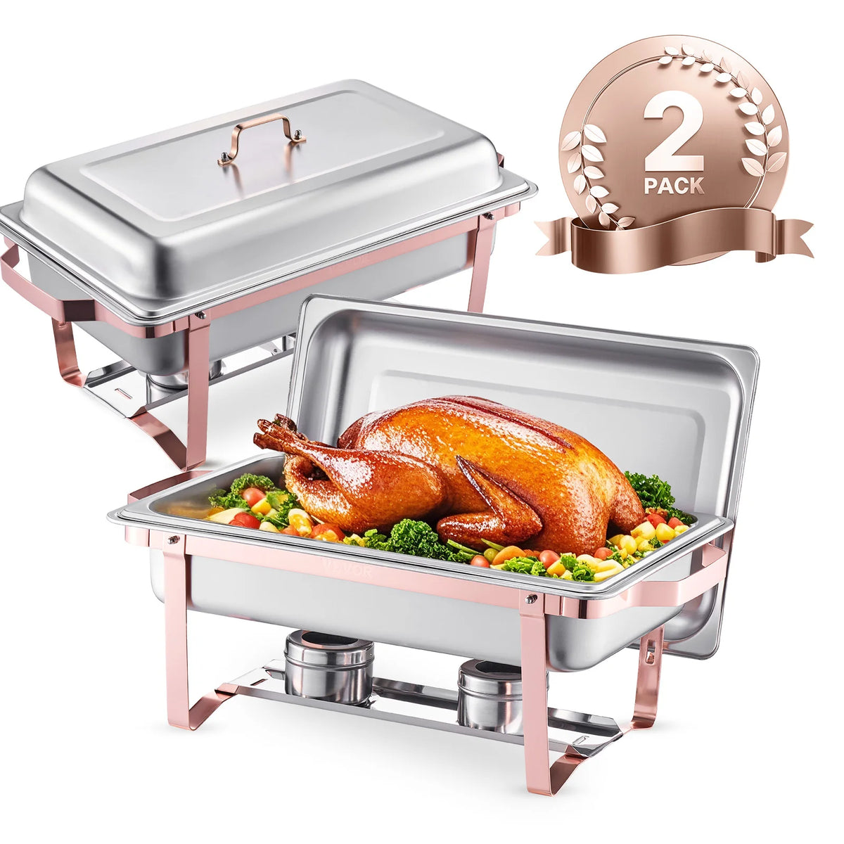 SucceBuy plato de frotamiento rectangular de 8 cuartos, 2/4/6 paquetes con sartenes de tamaño completo, calentador de Catering para Buffet, servidor, soporte plegable, bandeja de soporte de combustible