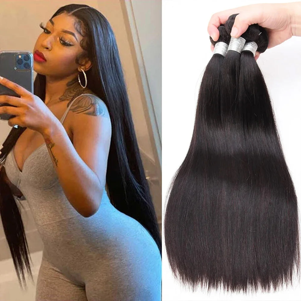 Extensiones de Cabello Humano Liso Natural Brasileño de 12-42 Pulgadas, Paquetes de Cabello Humano Remy de Color Natural