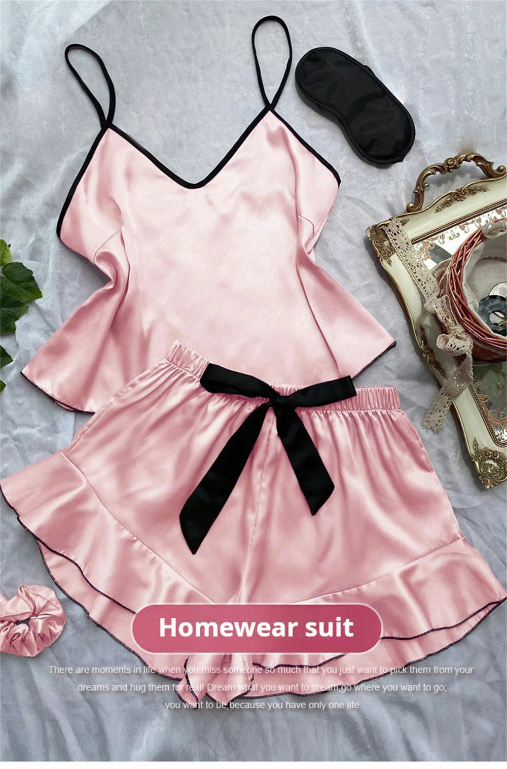 Pijamas de satén liso para mujer, camiseta con cuello en V, bordes con volantes y pantalones cortos con lazo, conjunto de pijama sencillo y transpirable, ropa para el hogar con tirantes