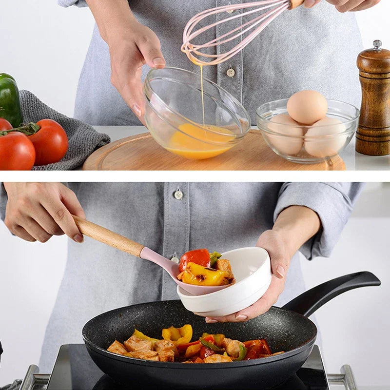 Utensilios de cocina de silicona con mango multifunción de madera, espátula antiadherente, cucharón, batidor de huevos, pala, rosa, nuevo