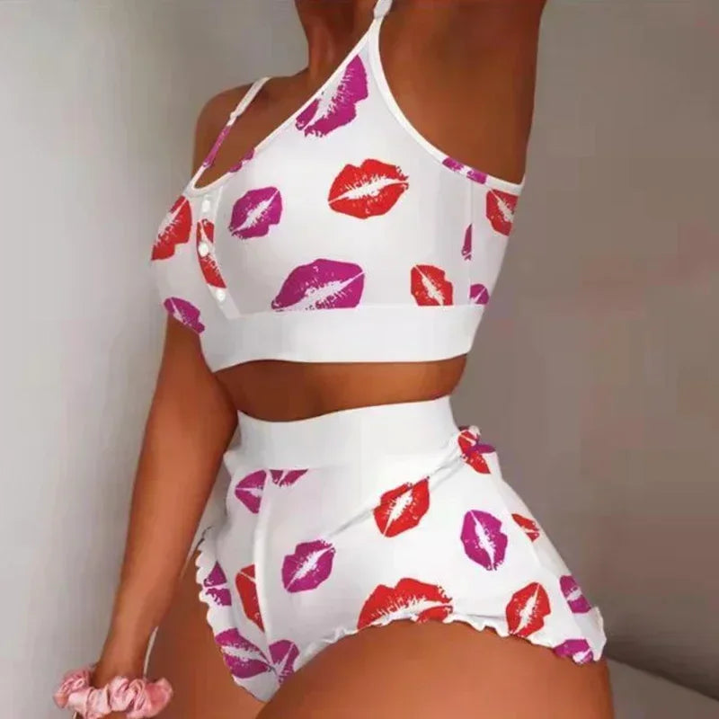 Ropa de dormir para mujer, conjunto de pijamas suspendidos para el hogar con estampado de mariposas y labios, chaleco, sujetador, Top, ropa de dormir corta, lencería, camisón para mujer